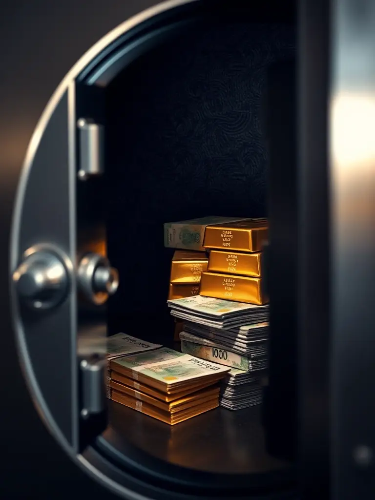 A secure vault with gold bars and currency, representing wealth preservation and growth strategies for high-net-worth individuals in South Africa.