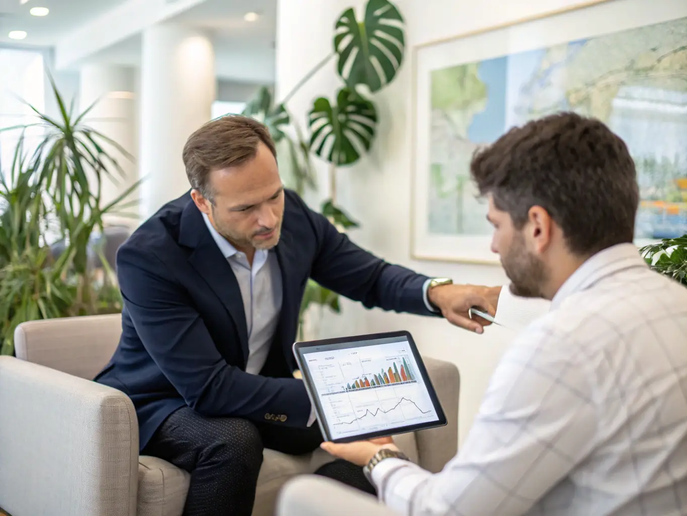 An image of a financial advisor discussing investment charts with a client in a modern office setting, representing airmailspace.site's investment strategies.