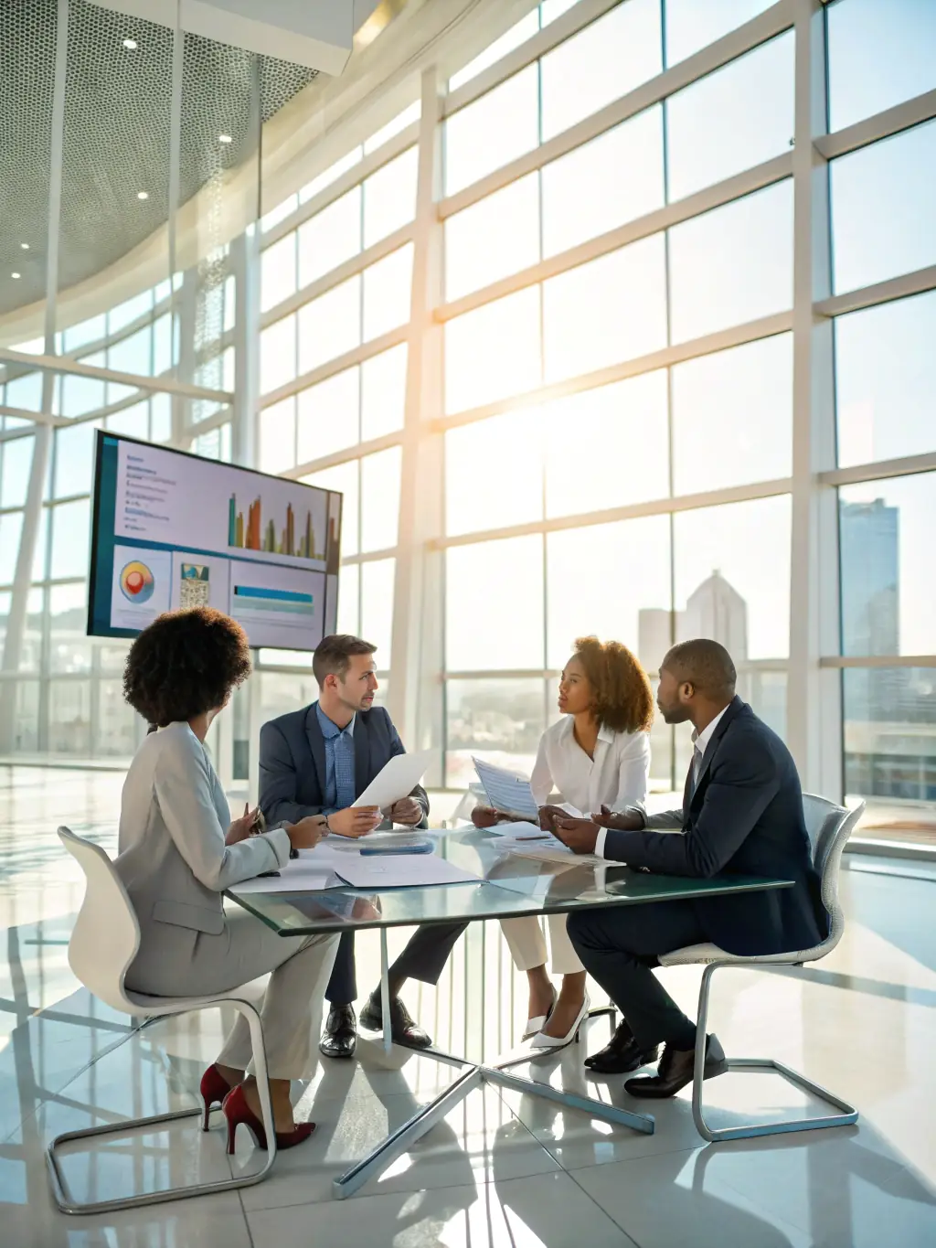 An image of a diverse group of South African professionals collaborating on financial strategies in a modern office environment, symbolizing teamwork and expertise.