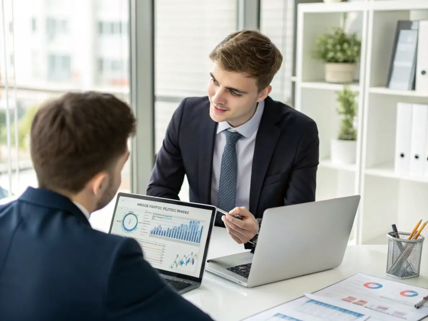 A professional financial advisor reviewing a financial plan with a client, with documents and a laptop on the table, showcasing airmailspace.site's wealth management services.