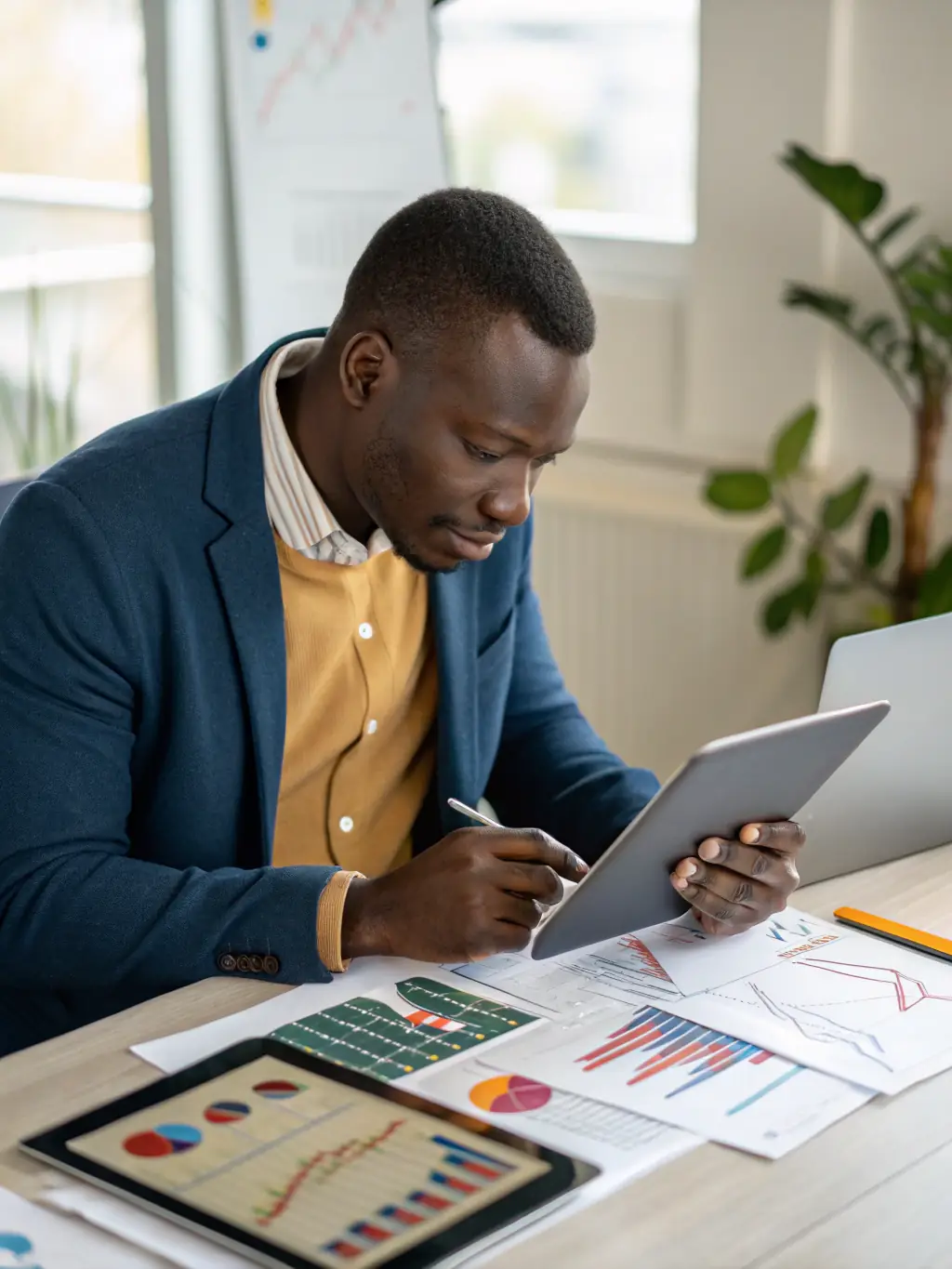 A professional South African financial consultant analyzing market data with a focused expression, surrounded by charts and graphs, symbolizing strategic investment planning.