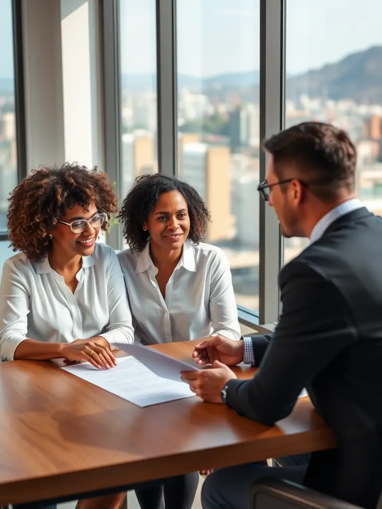 A modern office setting with a financial advisor consulting with a South African client, discussing retirement plans and financial goals.